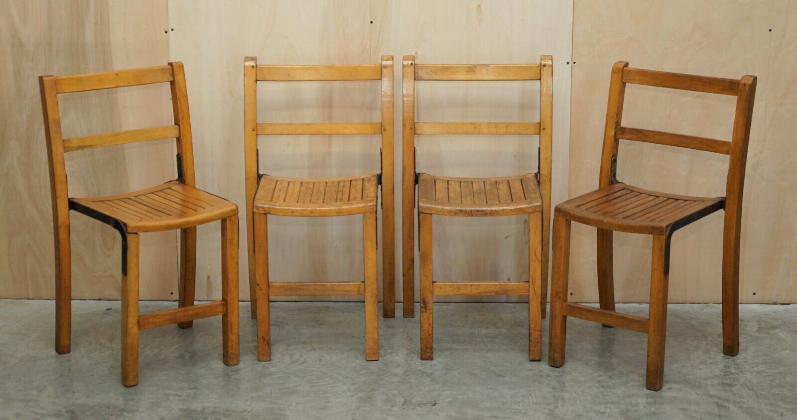 Nice Vintage Set Of Circa 1930's English Oak Stacking Chairs With Period Finish photo vinterior