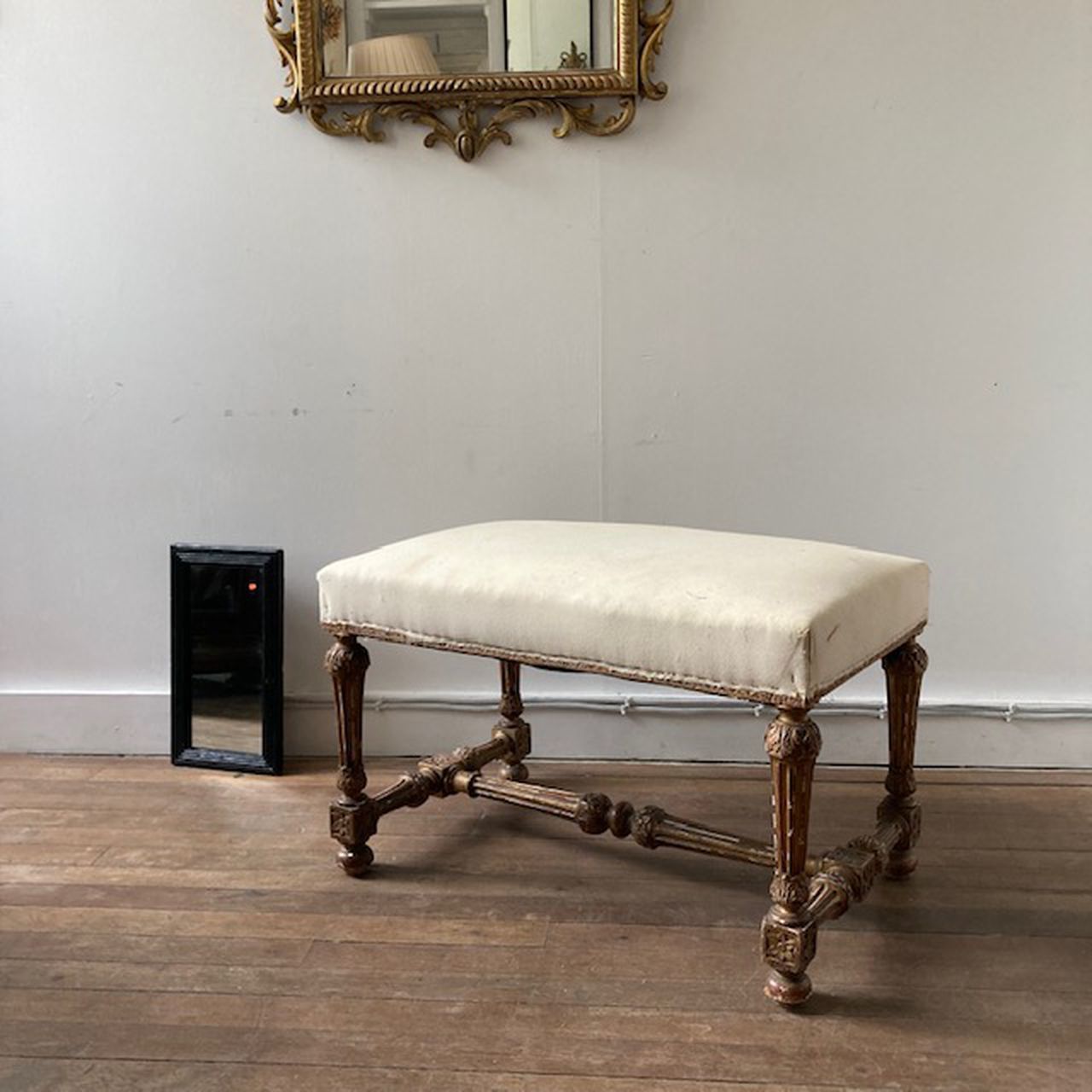 French Giltwood Stool, Calico Covered Seat By Maison Krieger, Paris. C.1880