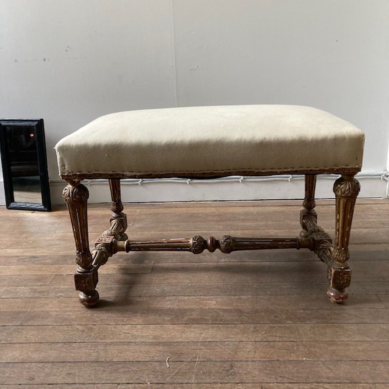 French Giltwood Stool, Calico Covered Seat By Maison Krieger, Paris. C.1880 photo vinterior
