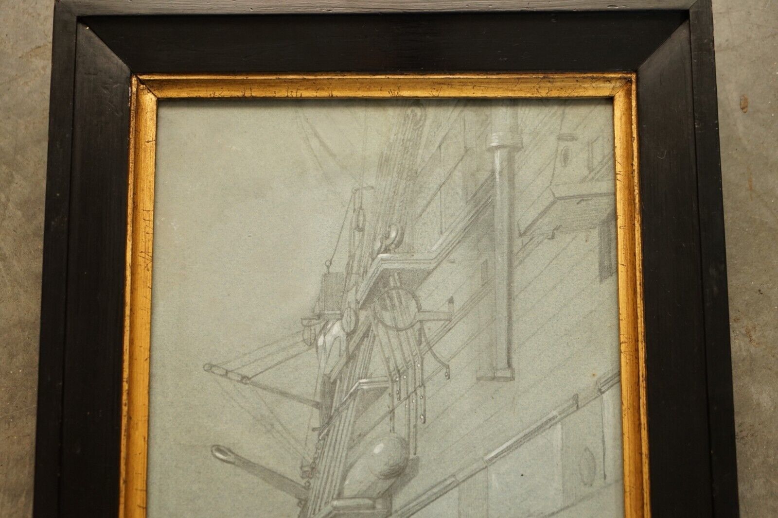 Very Fine Circa 1850 French School Study Of The Side Of A Ship In Chalk On Paper photo furniture