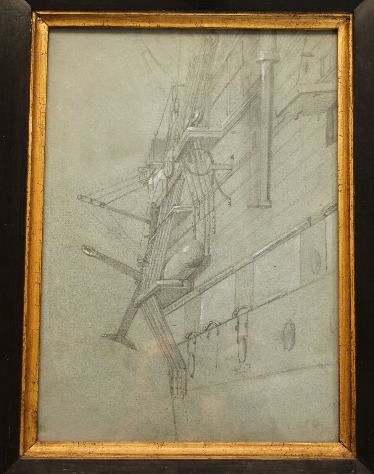 Very Fine Circa 1850 French School Study Of The Side Of A Ship In Chalk On Paper photo 1350.0