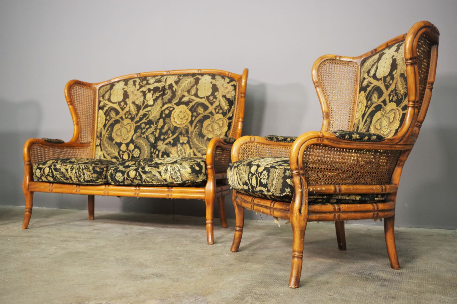 Sofa And 2 Armchairs Set In Bamboo And Wicker From The 1980s photo 2400.0