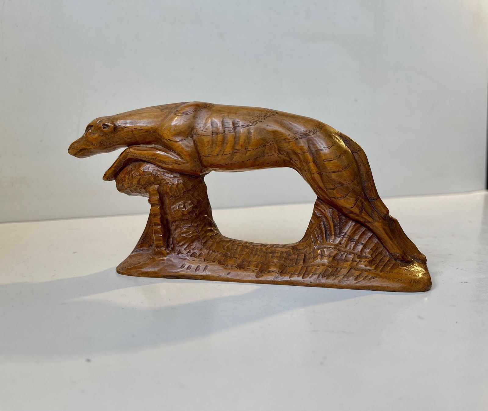 Antique Scandinavian Running Greyhound Hand Carved In Oak photo for sale