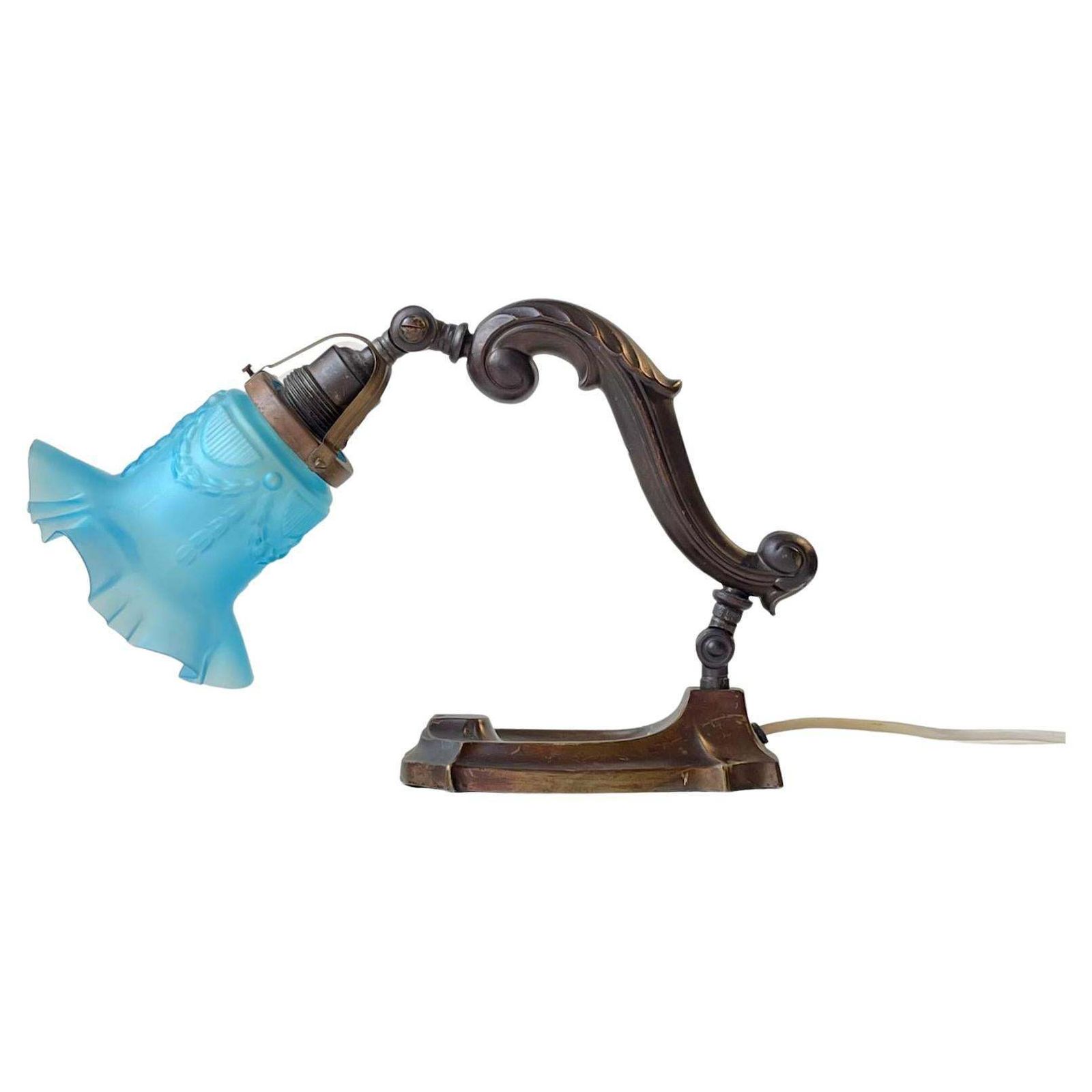 Antique Piano Or Table Lamp In Bronze & Blue Glass, 1920s