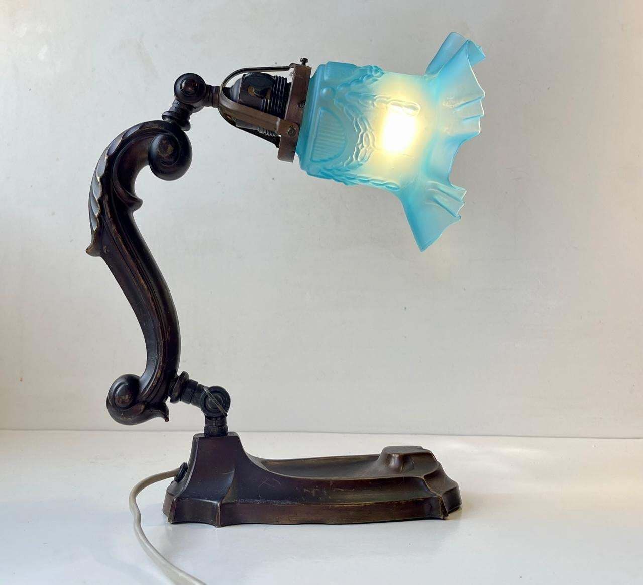 Antique Piano Or Table Lamp In Bronze & Blue Glass, 1920s photo furniture