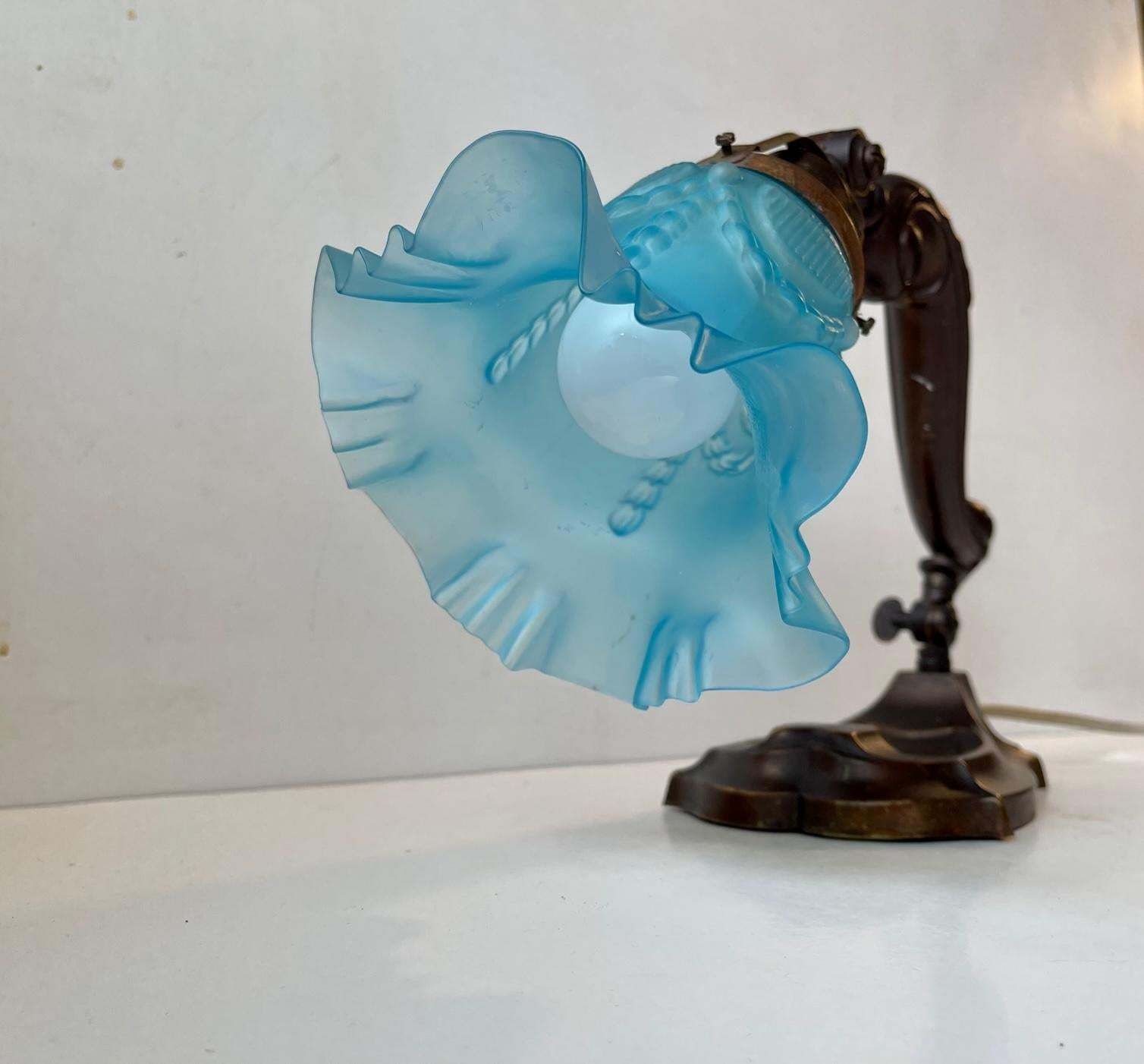 Antique Piano Or Table Lamp In Bronze & Blue Glass, 1920s photo Lighting