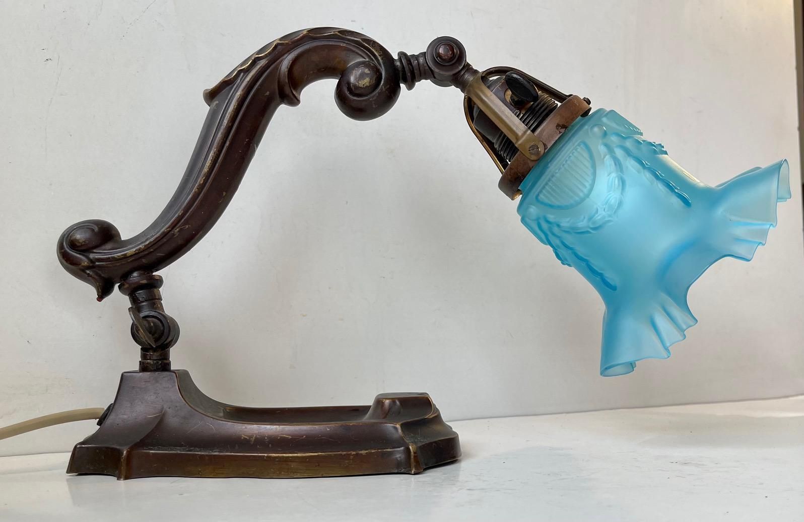 Antique Piano Or Table Lamp In Bronze & Blue Glass, 1920s photo vintage
