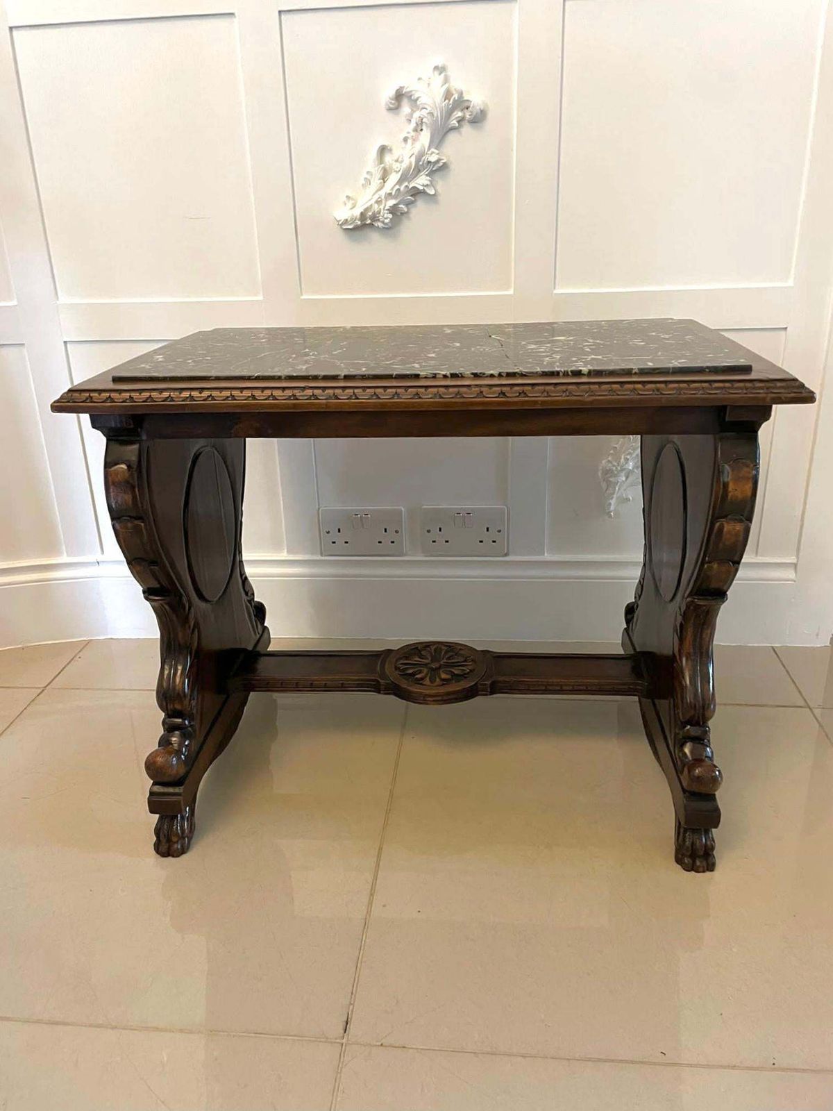 Unusual Antique Quality Carved Walnut And Marble Top Italian Coffee Table photo Furniture