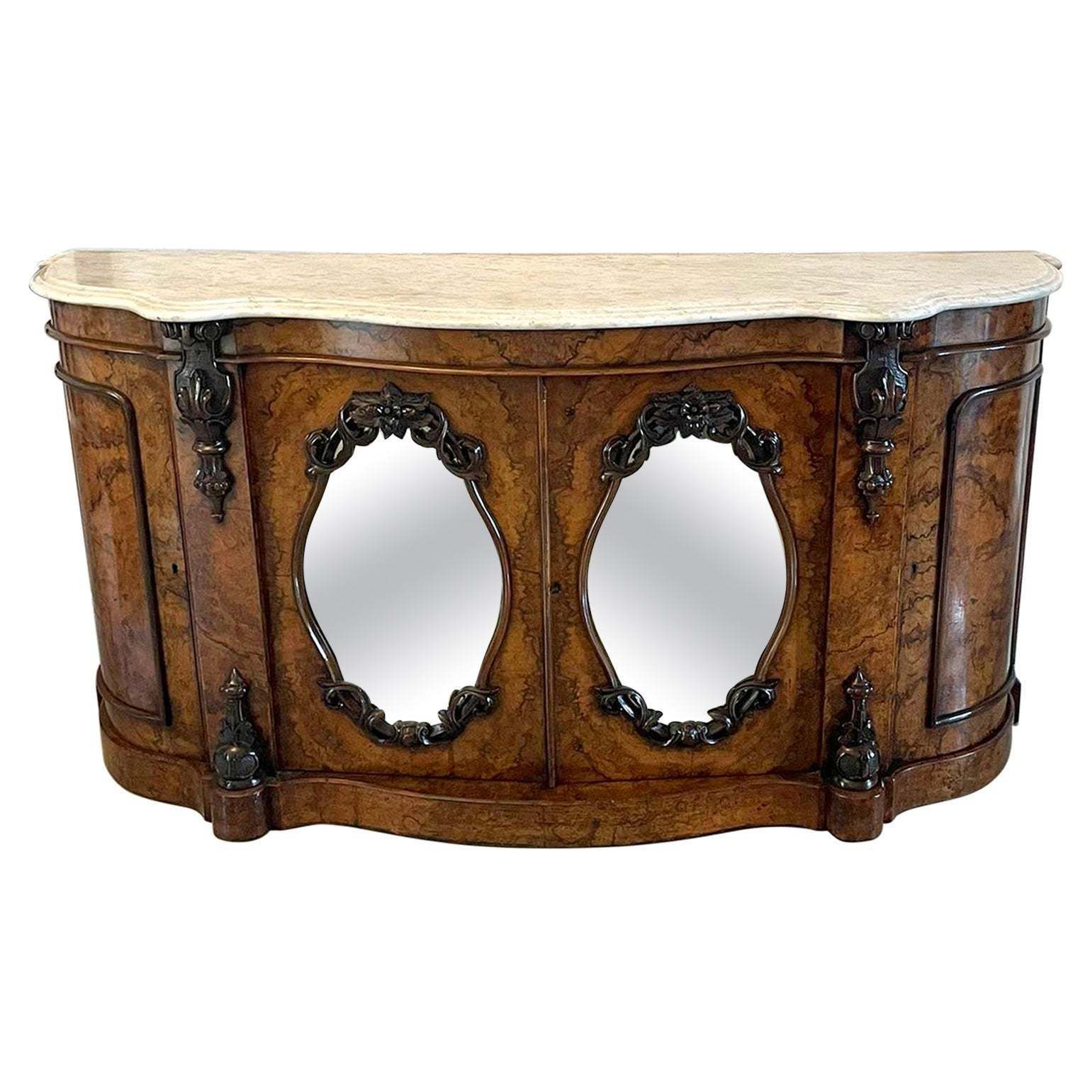 Outstanding Quality Antique Burr Walnut Marble Top Credenza/Sideboard