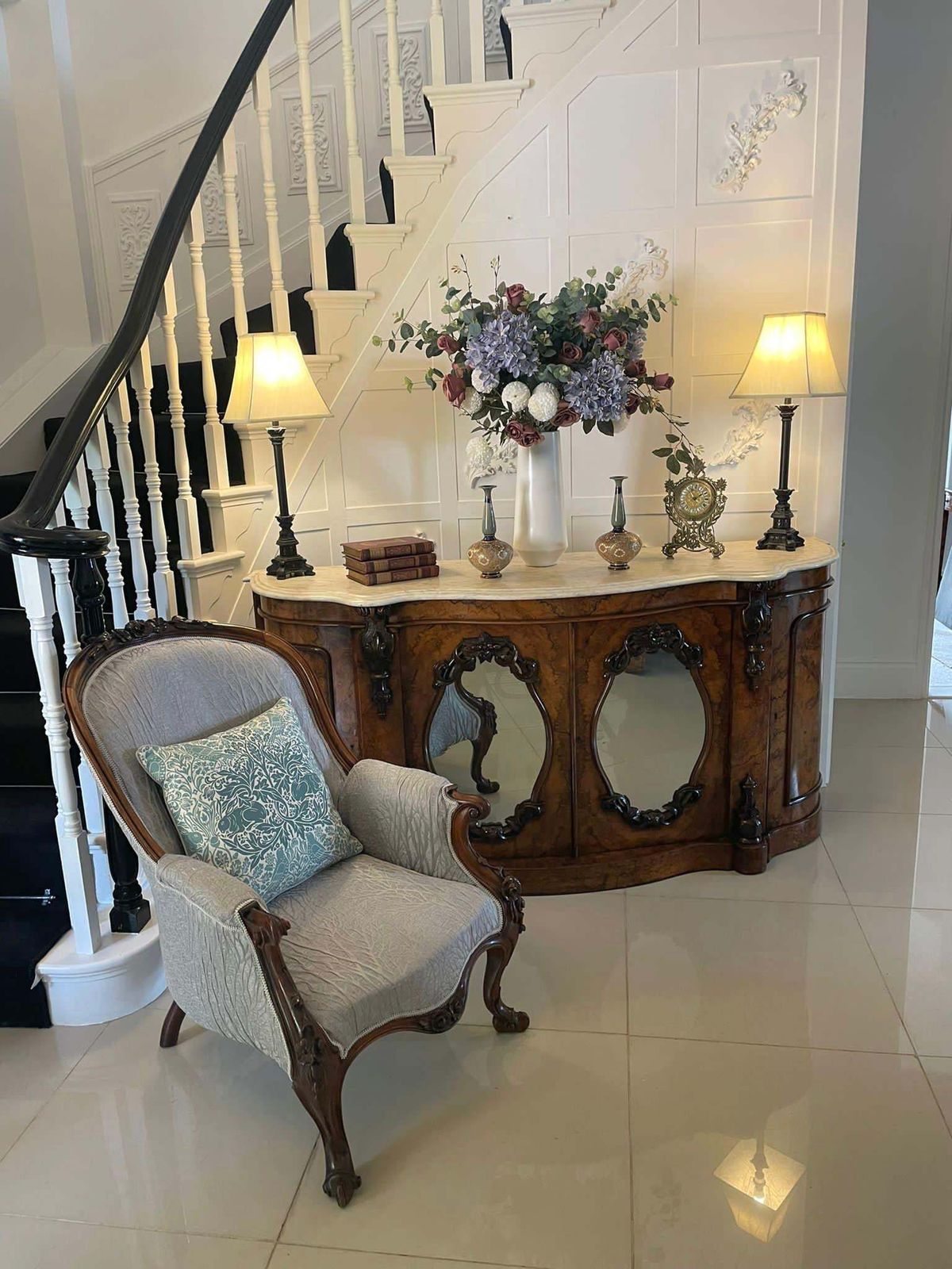 Outstanding Quality Antique Burr Walnut Marble Top Credenza/Sideboard photo furniture
