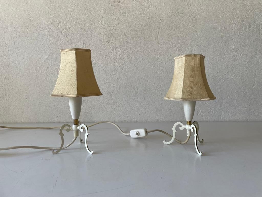 Mid Century Fabric Shade & White Metal Tripod Pair Of Bedside Lamps, 1950s, Germany photo furniture