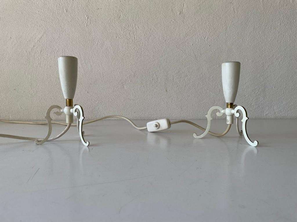 Mid Century Fabric Shade & White Metal Tripod Pair Of Bedside Lamps, 1950s, Germany photo for sale