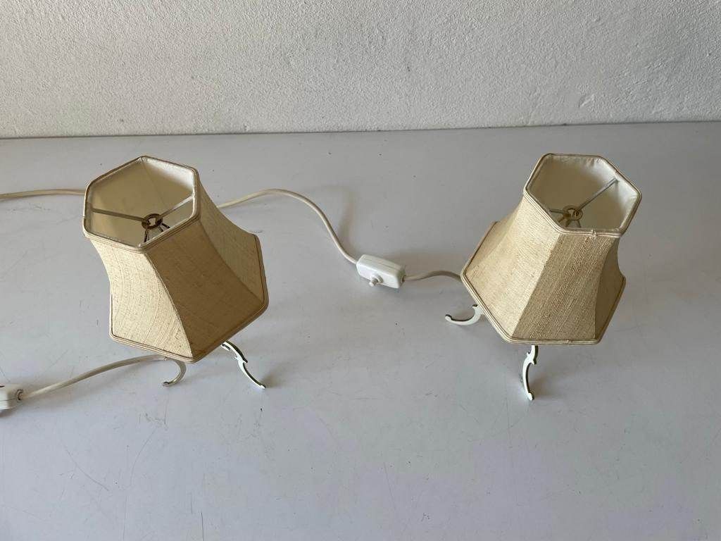 Mid Century Fabric Shade & White Metal Tripod Pair Of Bedside Lamps, 1950s, Germany photo Lighting