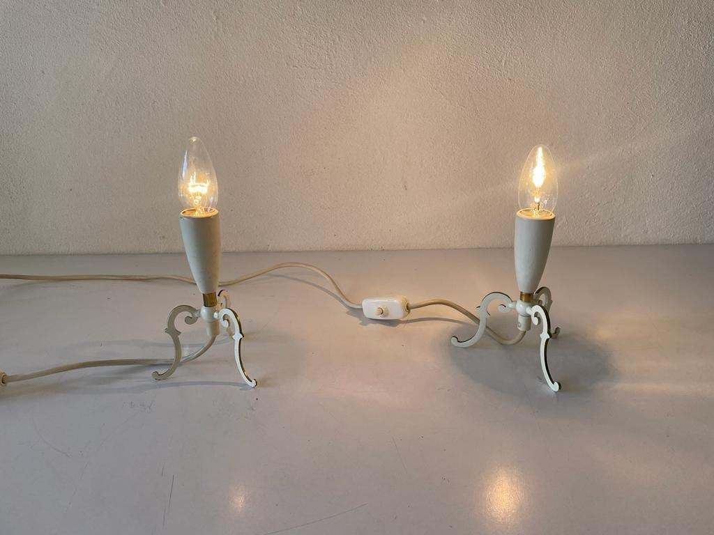 Mid Century Fabric Shade & White Metal Tripod Pair Of Bedside Lamps, 1950s, Germany photo vinterior