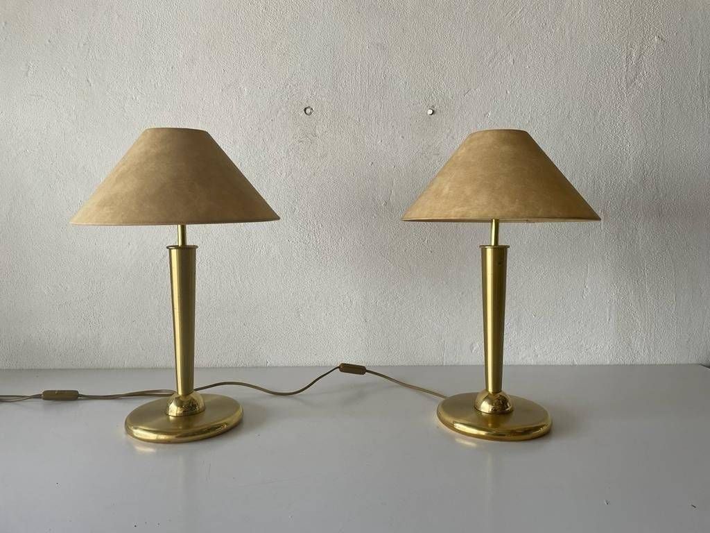 Fabric Shade & Brass Atomic Body Elegant Pair Of Table Lamps, 1980s, Germany