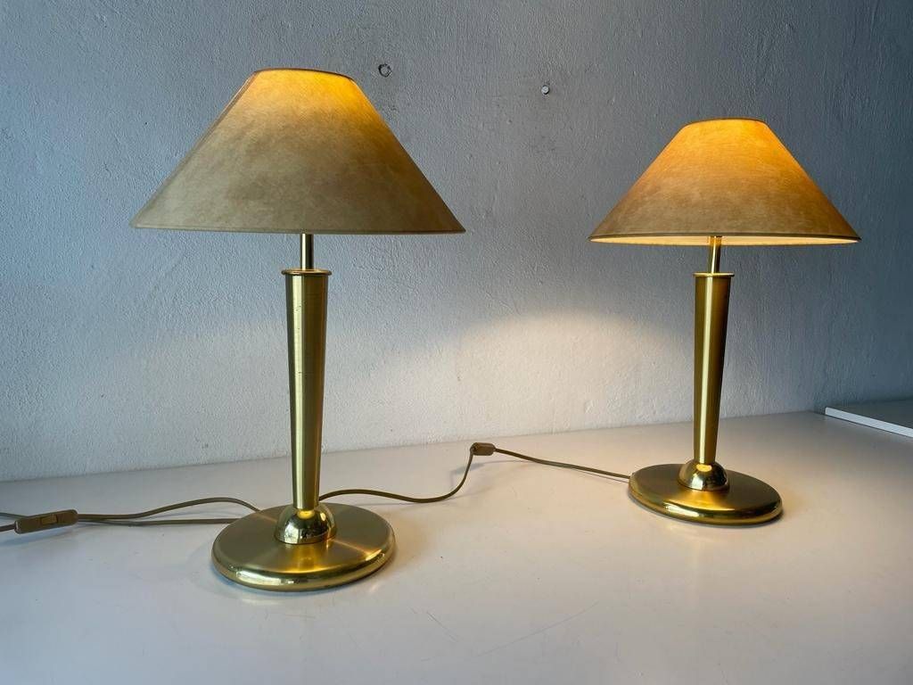 Fabric Shade & Brass Atomic Body Elegant Pair Of Table Lamps, 1980s, Germany photo furniture