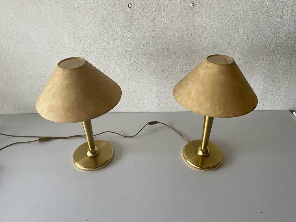Fabric Shade & Brass Atomic Body Elegant Pair Of Table Lamps, 1980s, Germany photo for sale