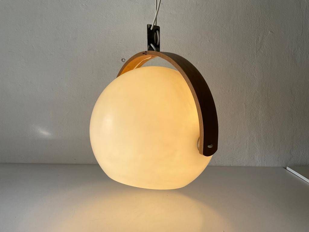 White Plastic And Bent Wood Space Age Pendant Lamp By Temde, 1970s, Switzerland photo for sale