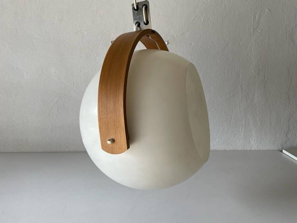 White Plastic And Bent Wood Space Age Pendant Lamp By Temde, 1970s, Switzerland photo vinterior