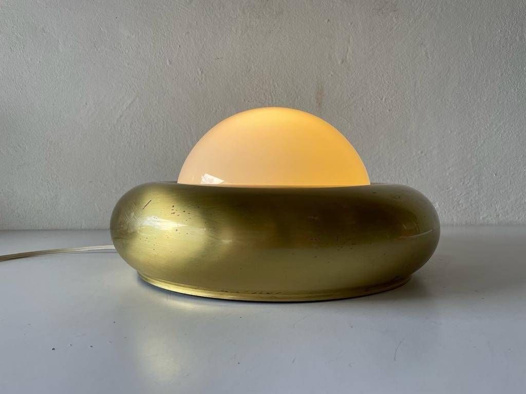 Opal Glass & Brass Ufo "Medium Size" Flush Mount Light Or Sconce By Valenti, 1970s, Italy