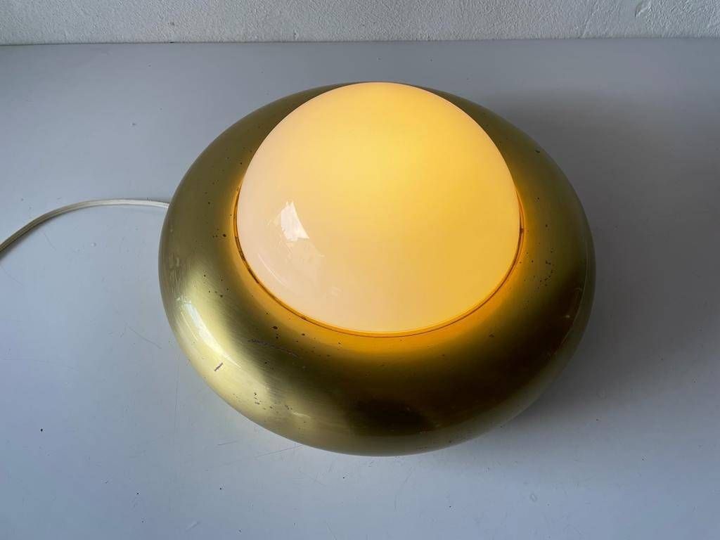 Opal Glass & Brass Ufo "Medium Size" Flush Mount Light Or Sconce By Valenti, 1970s, Italy photo for sale
