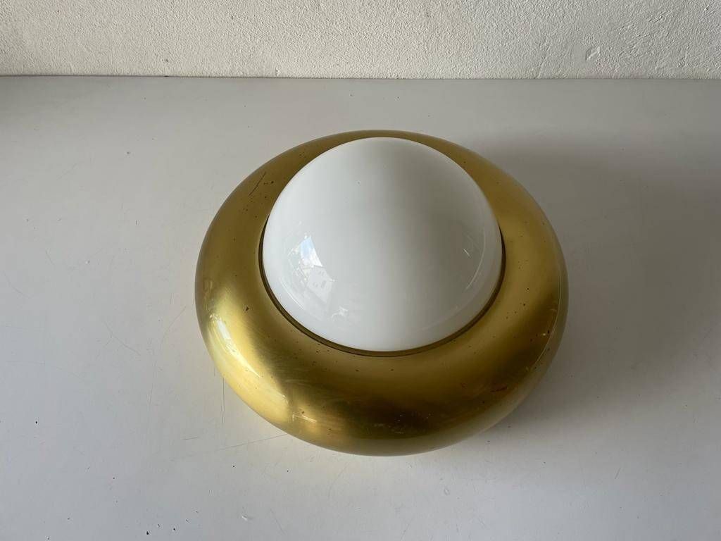 Opal Glass & Brass Ufo "Medium Size" Flush Mount Light Or Sconce By Valenti, 1970s, Italy photo Lighting