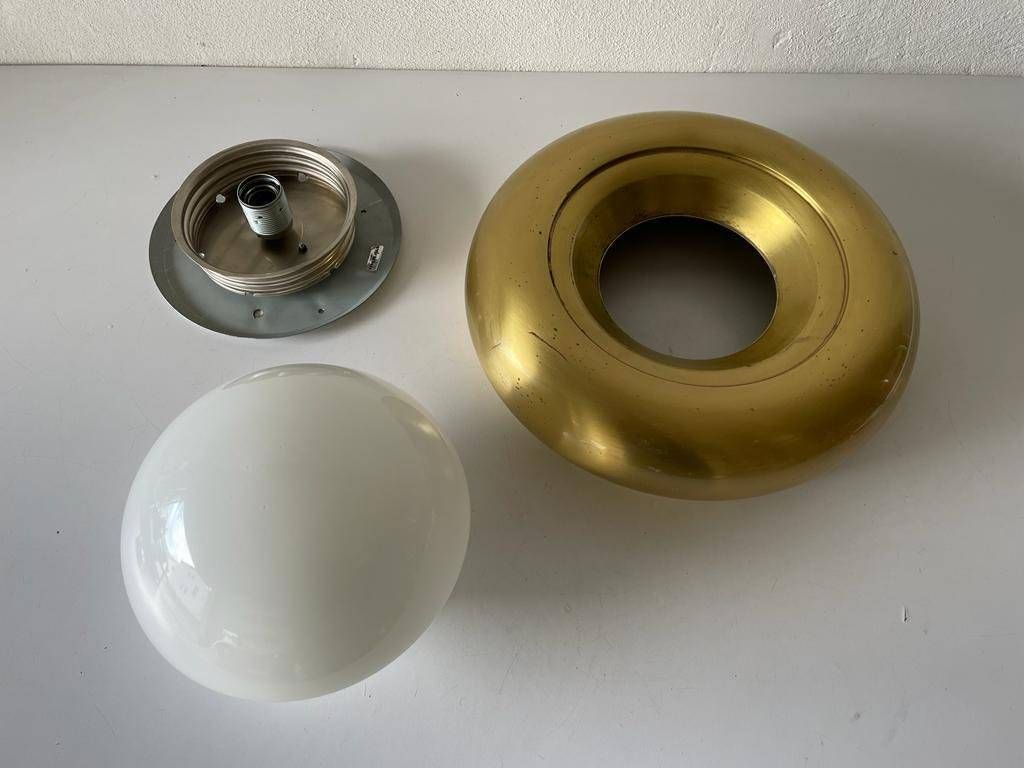 Opal Glass & Brass Ufo "Medium Size" Flush Mount Light Or Sconce By Valenti, 1970s, Italy photo vinterior