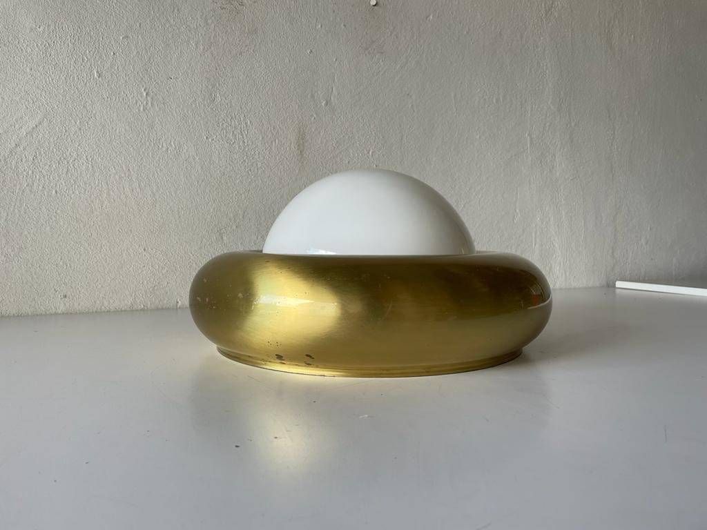 photo for sale Opal Glass & Brass Ufo "Medium Size" Flush Mount Light Or Sconce By Valenti, 1970s, Italy
