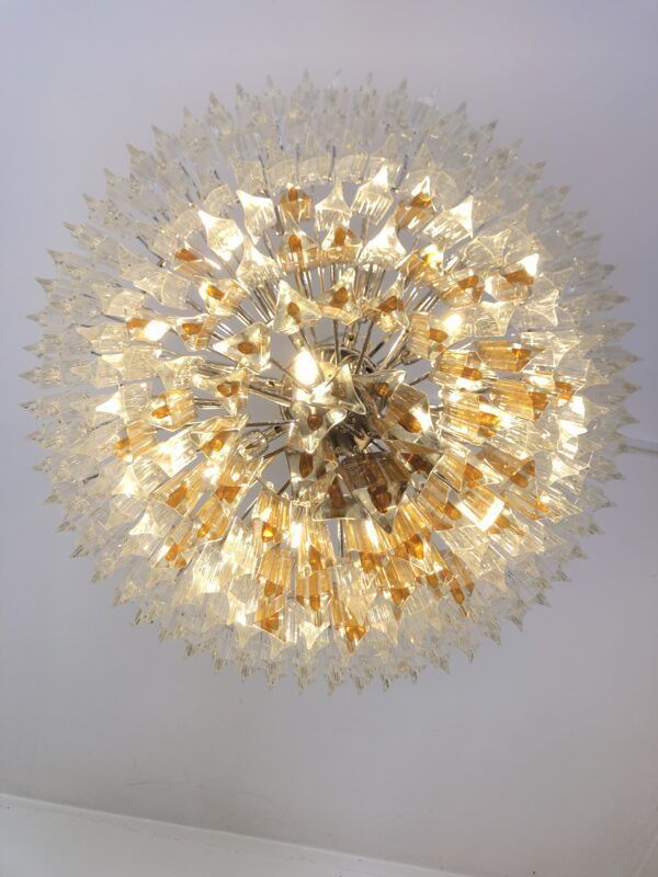 Huge Clear And Amber “Triedro” Murano Glass Chandelier photo for sale