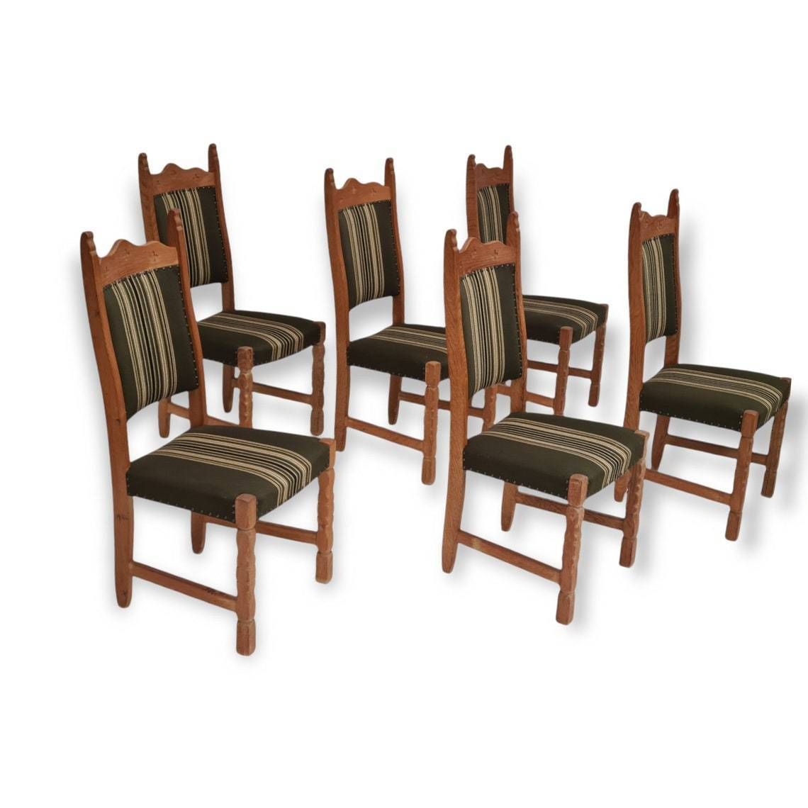 1960s, Original Danish Design, Henning Kjærnulf Style, Set Of High Back Dinning Chairs, Oak Wood