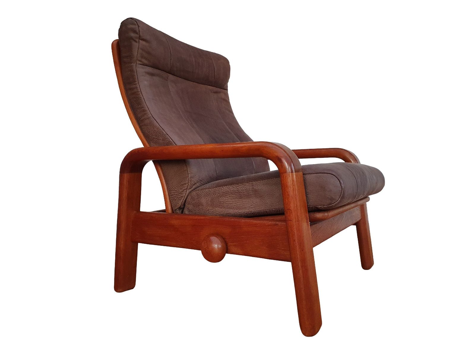 Danish Adjustable Lounge Chair, Hs Design, Nubuck Leather, Solid Teak Wood, 80s