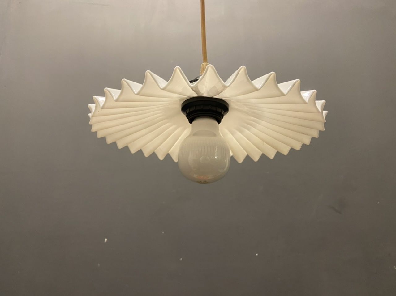 Italian Opaline Glass Pleated Light Pendants Set Of 2 photo Lighting