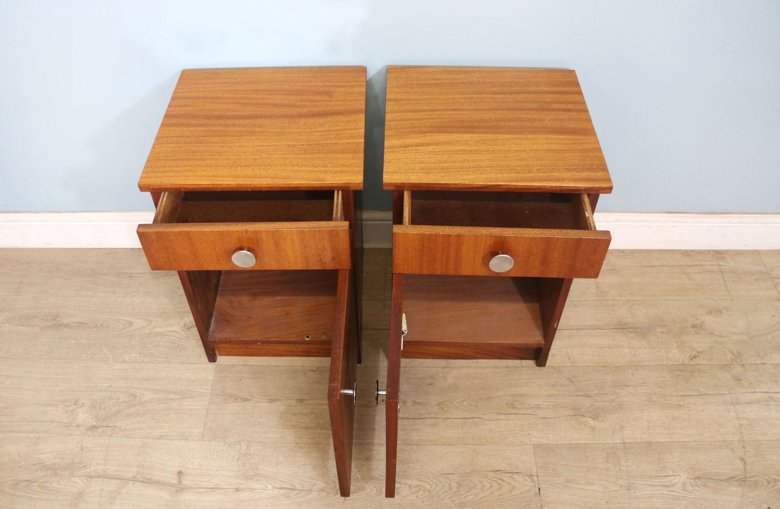 A Lovely Pair Of Retro Teak Veneered Bedside Cabinets. photo for sale