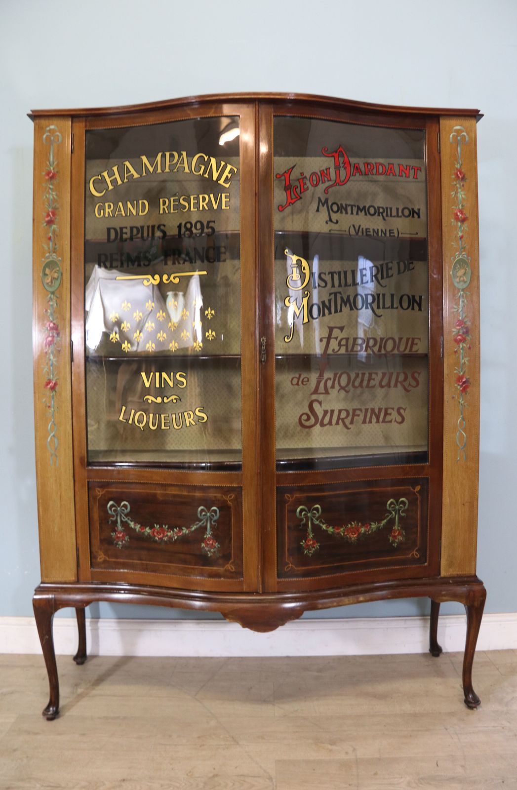 A Superb Edwardian Mahogany, Satinwood Inlaid And Floral Painted Display Cabinet.