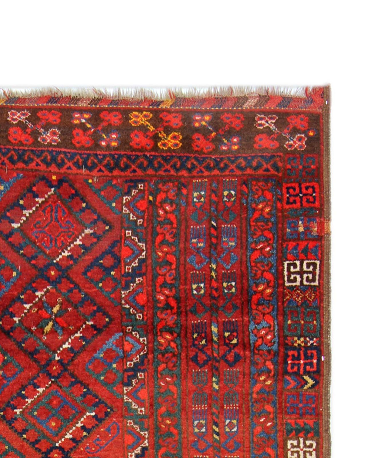 Geometric Red Turkmen Rug Handmade Carpet Antique Living Room Rug photo Textiles
