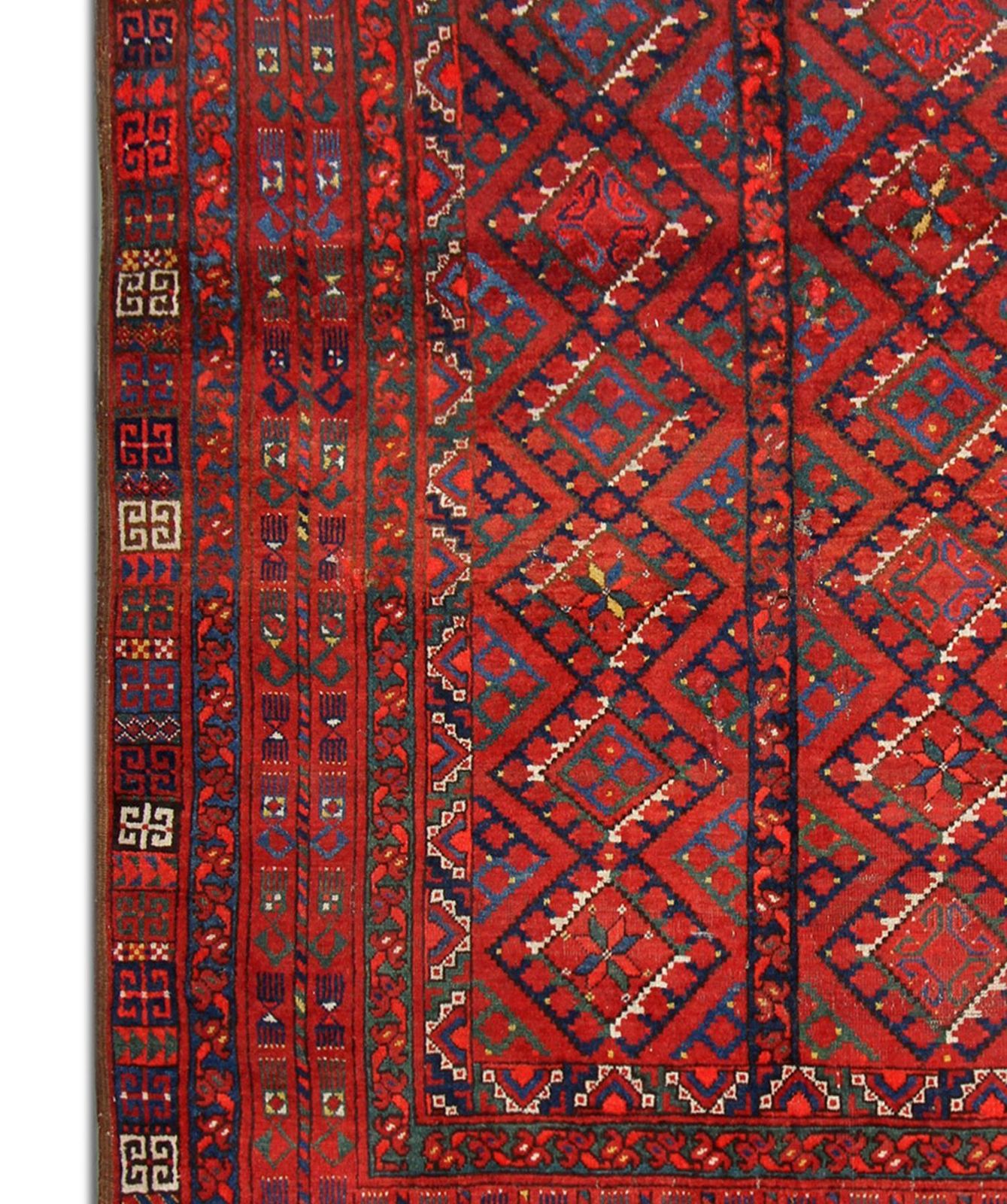 Geometric Red Turkmen Rug Handmade Carpet Antique Living Room Rug photo 2340.0