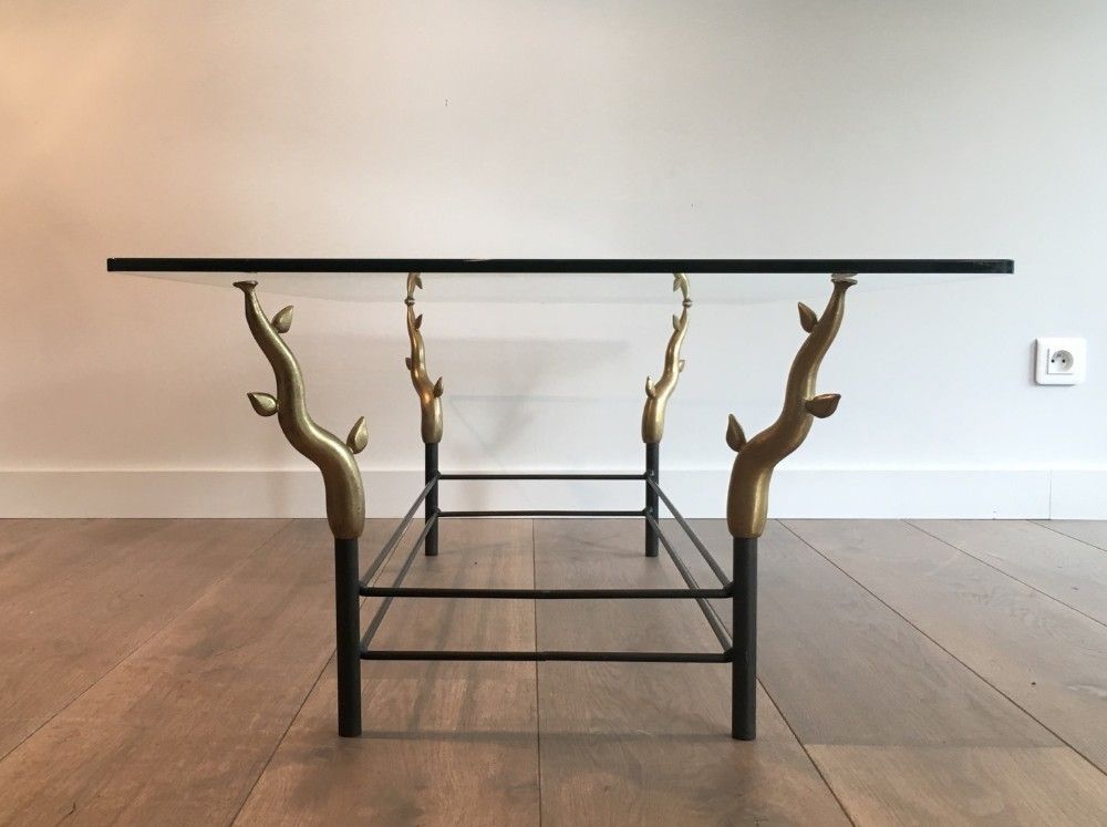 This Unusual Coffee Table Is Made Of Wrought Iron Black Lacquered And Gold Tree Branches With A Glass Top. French Work, In The Style Of Willy Daro photo Furniture