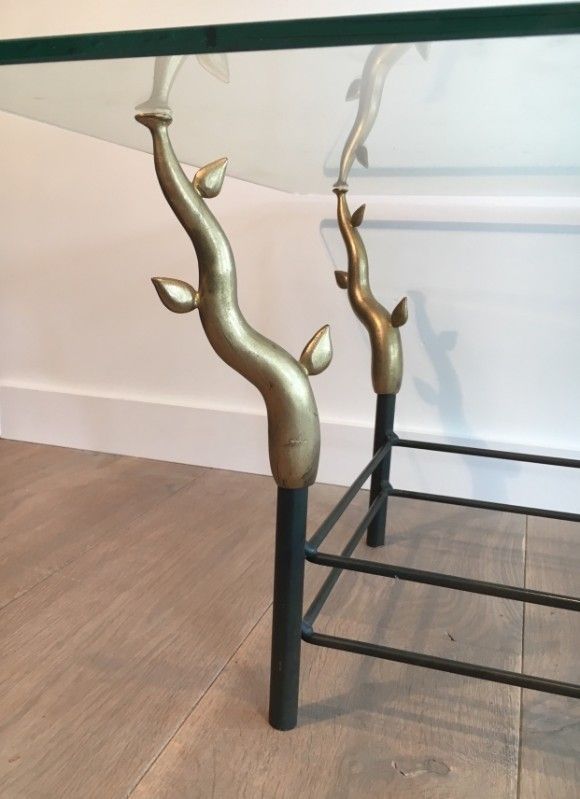 This Unusual Coffee Table Is Made Of Wrought Iron Black Lacquered And Gold Tree Branches With A Glass Top. French Work, In The Style Of Willy Daro photo buy
