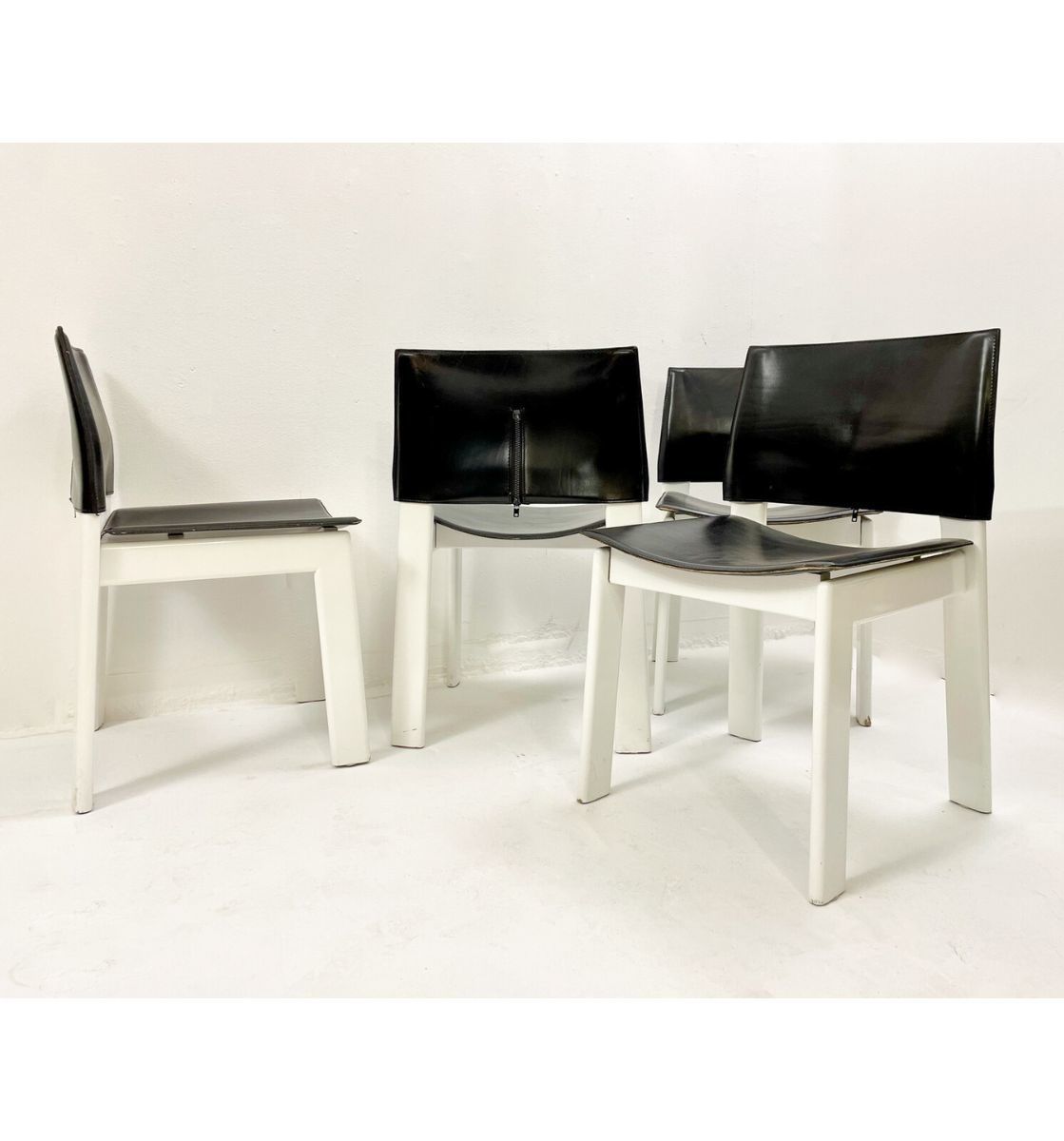 Set Of 4 Mid Century Black & White Wooden Leather Chairs
