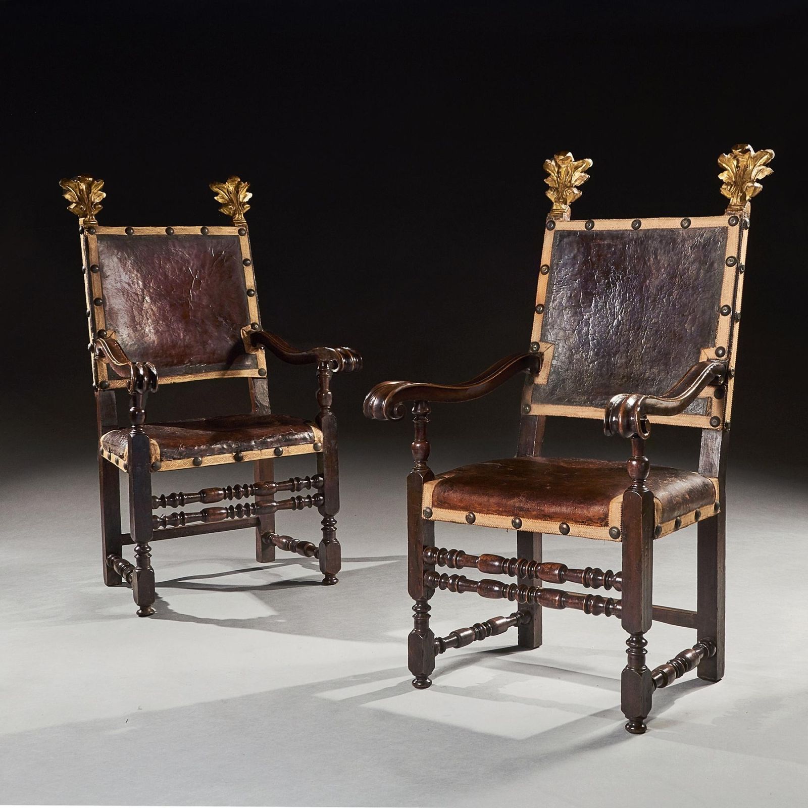 Pair Of 17th Century Italian Baroque Parcel Gilt Walnut Leather Armchairs photo furniture