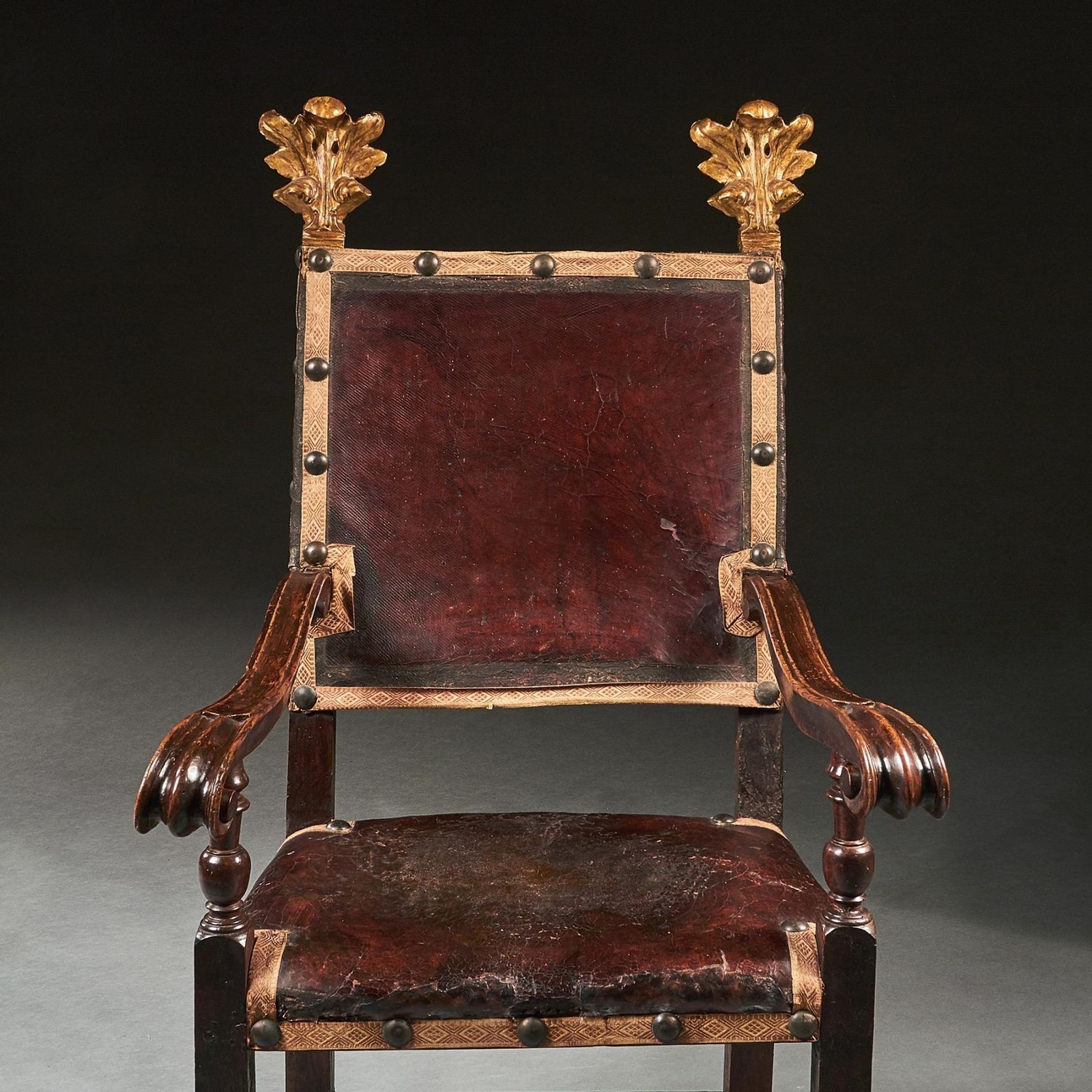 Pair Of 17th Century Italian Baroque Parcel Gilt Walnut Leather Armchairs photo vinterior