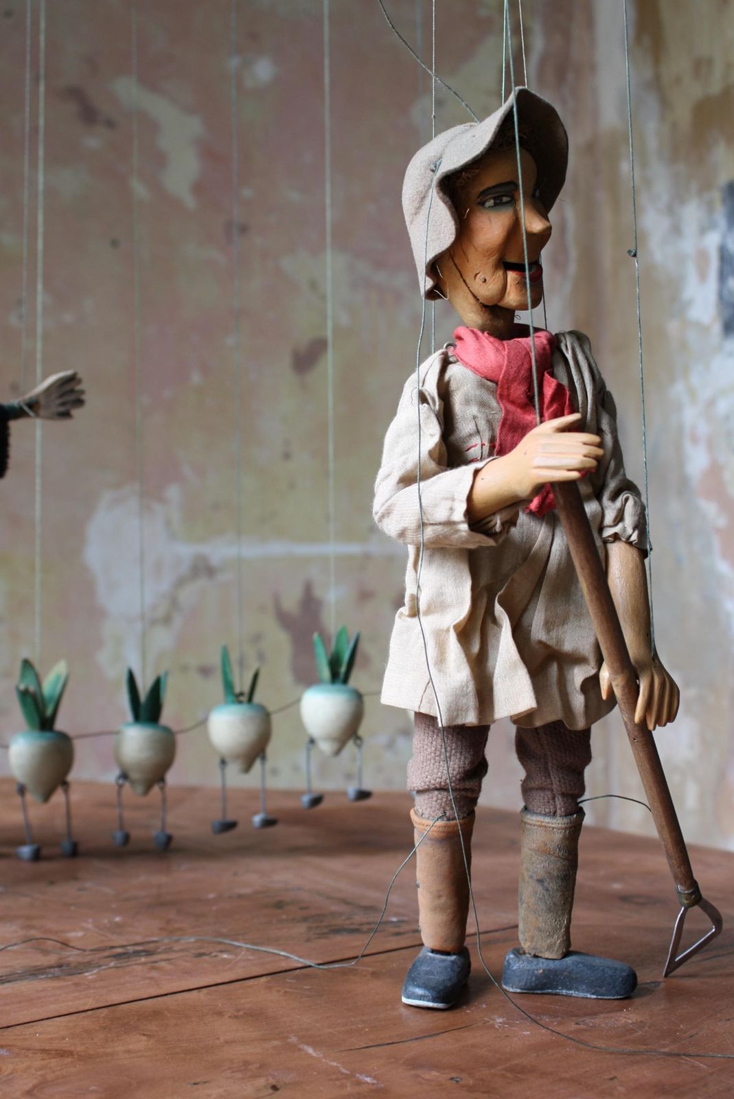 1695.0 1940's Folk Art John Carr's Jacquard Puppets The Turnip's, Scarecrow & Gardener photo