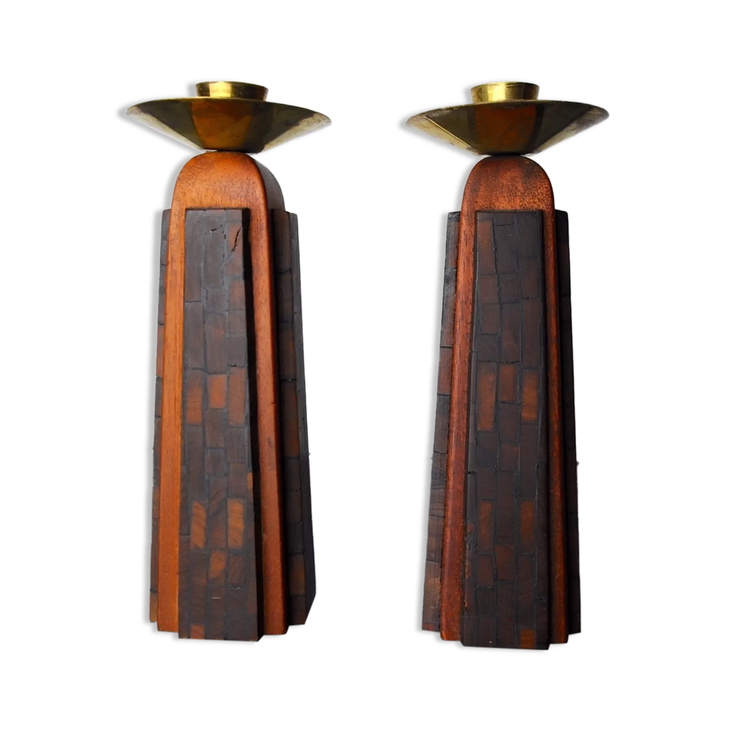Pair Of David Candlesticks In Olive Wood Handcrafted In Israel 1960