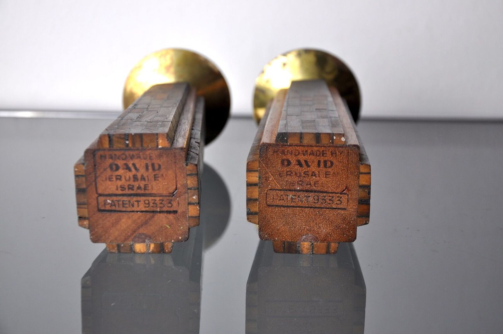 Pair Of David Candlesticks In Olive Wood Handcrafted In Israel 1960 photo buy