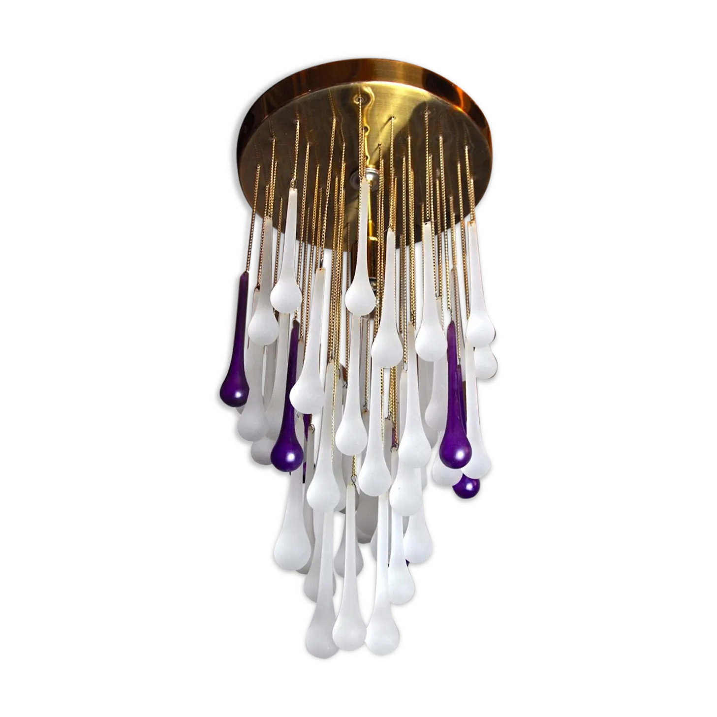Cascading Ceiling Lamp By Venini Murano Crystals Two Tone Purple And White Italy 1960