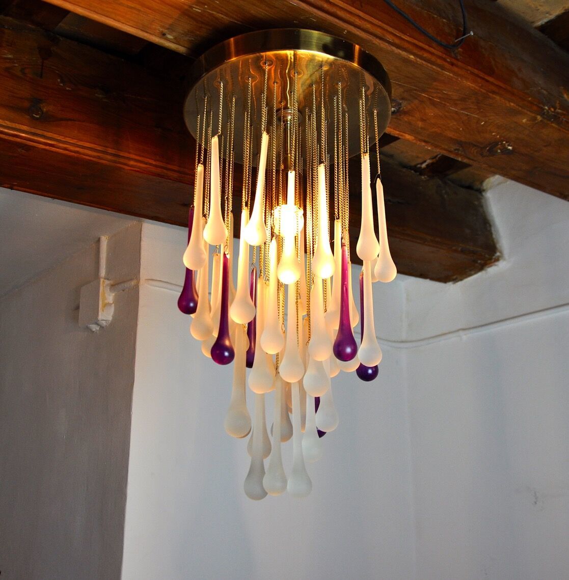 Cascading Ceiling Lamp By Venini Murano Crystals Two Tone Purple And White Italy 1960 photo vinterior