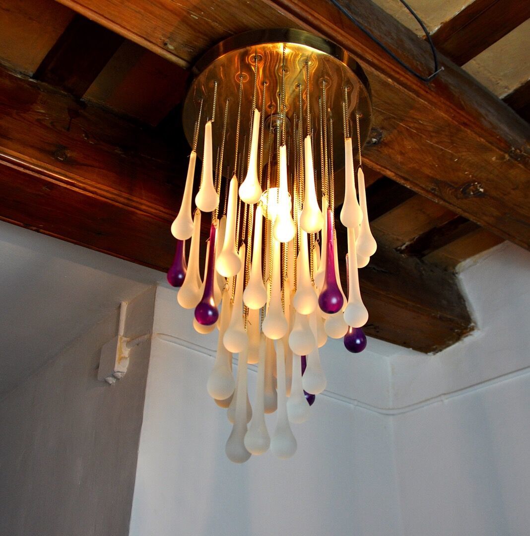 Cascading Ceiling Lamp By Venini Murano Crystals Two Tone Purple And White Italy 1960 photo buy