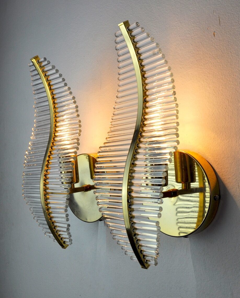 Pair Of Golden Venini Floral Sconces Murano Tubular Glasses Italy 1970 photo vinterior