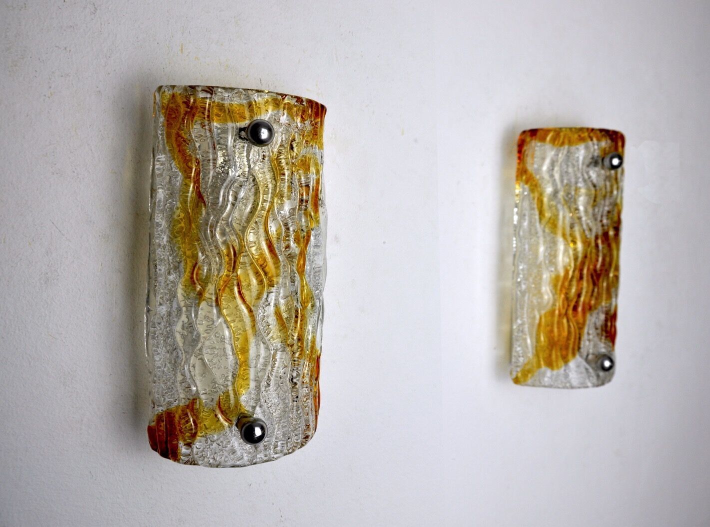 Pair Of Murano Mazzega Sconces Orange Frosted Glass Italy 1960 photo for sale