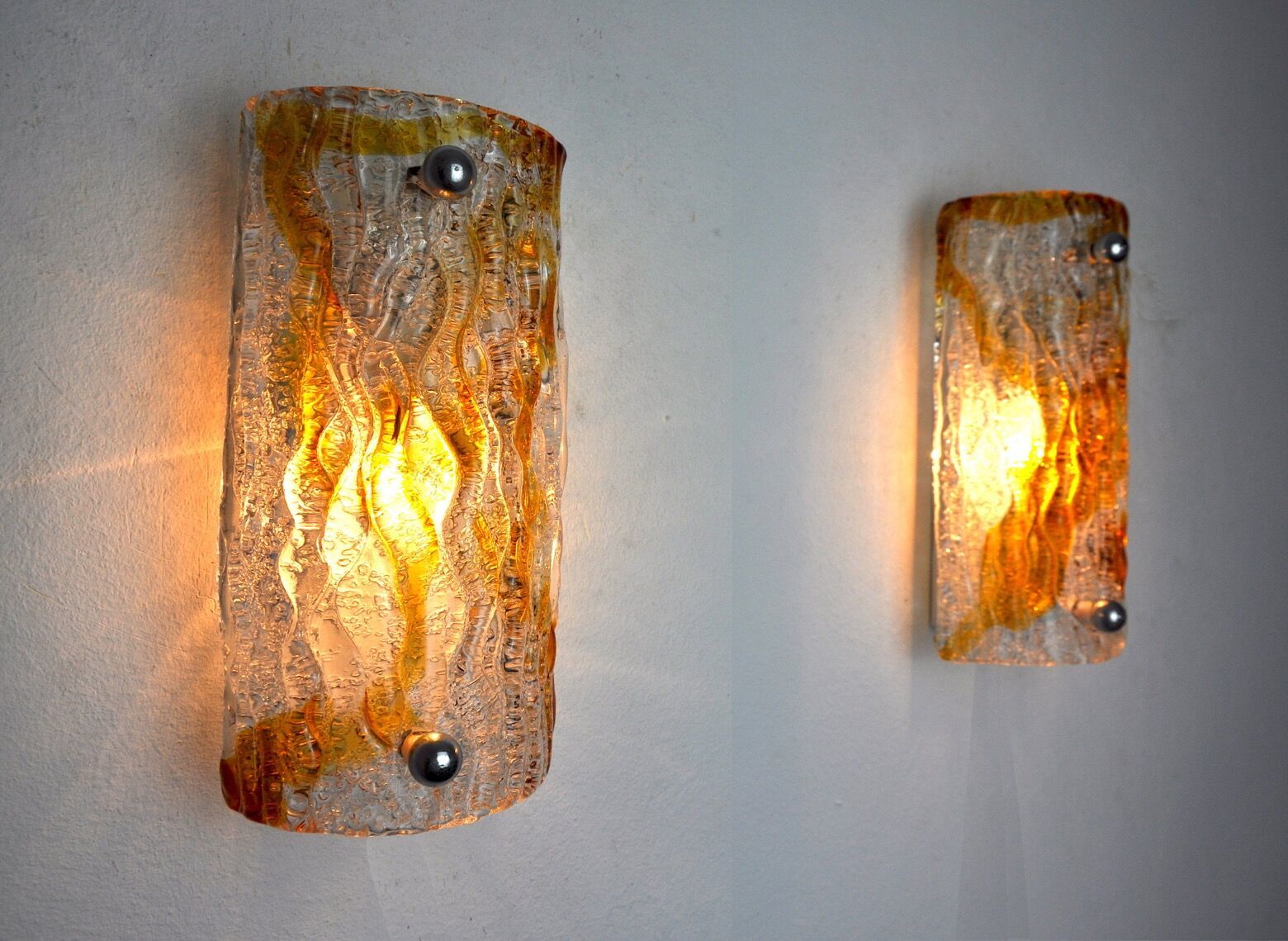 Pair Of Murano Mazzega Sconces Orange Frosted Glass Italy 1960 photo vinterior